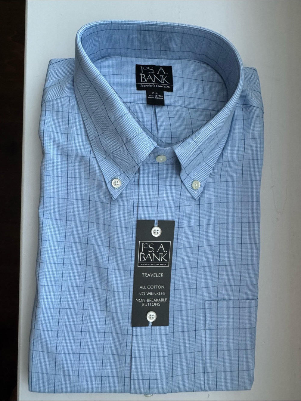 NWT - Jos. A. Bank Traveler’s Collection Blue Plaid Windowpane Dress Shirt 17/33